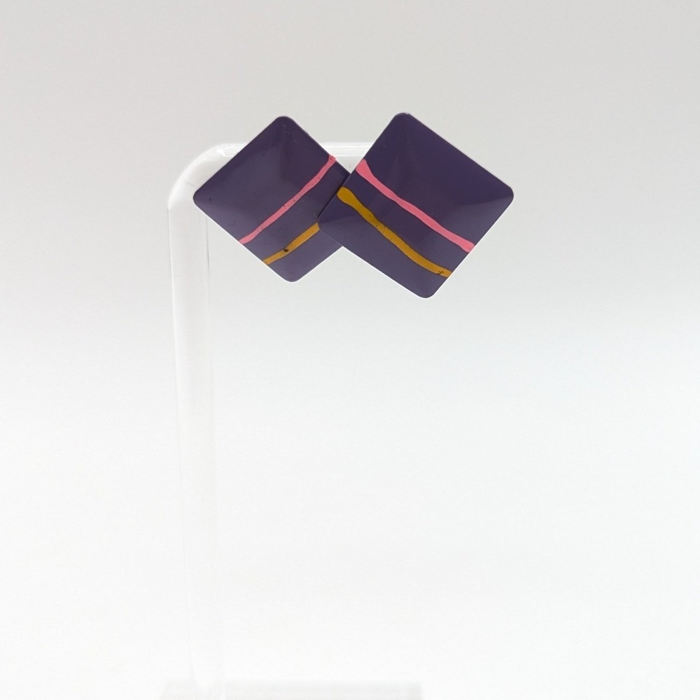 Vintage 80s Purple Enamel Square Stud Earrings Pink Yellow Striped Geometric